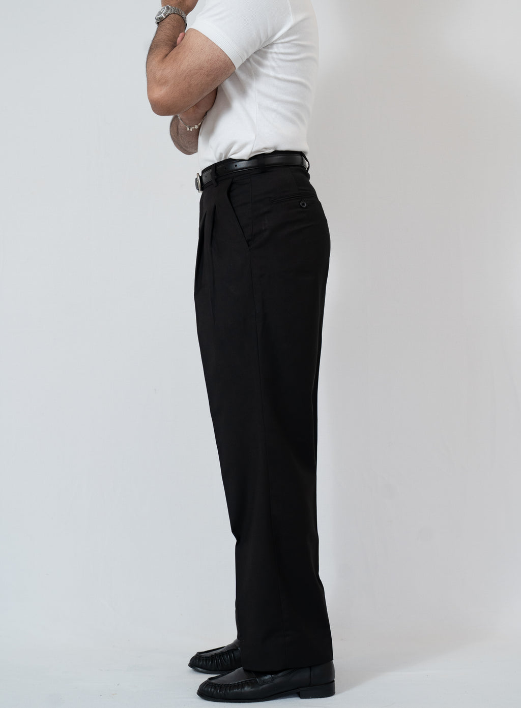 Wide Leg Pleated Trousers - Black